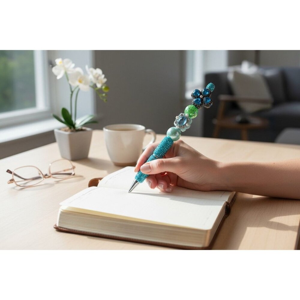 Beaded Rhinestone Decorative Pen With Blue & Green Crystal Accents For Journalin